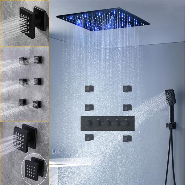 Ванная комната 20 -дюймовый черный массаж дождь светодиодный душевой панель набор смесителей термостатического миксера дивертер с кузовом Jets Spray1812