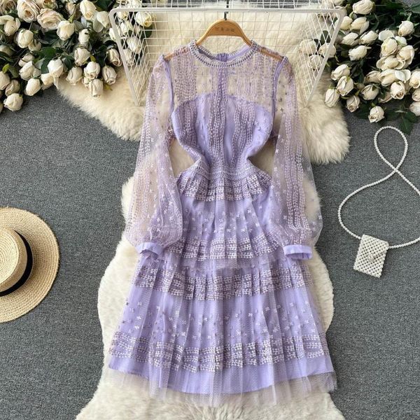 Vestidos casuais femininos verão rendas bordados malha midi vestido decote oco manga longa floral roxo fada chique e elegante festa à noite