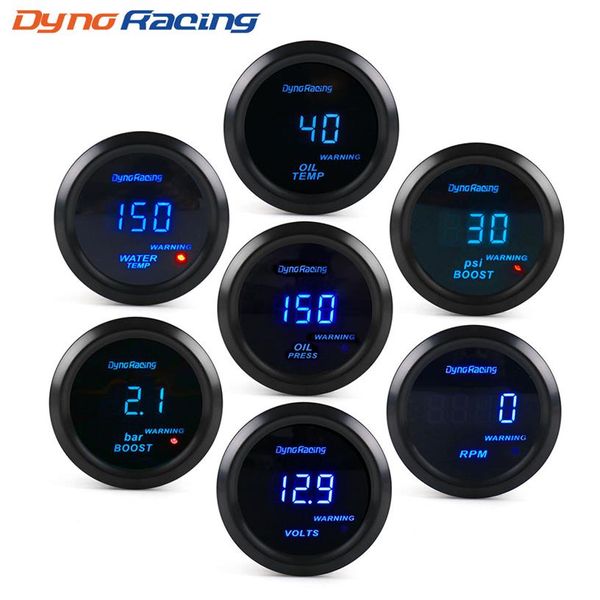 Dynoracing 2 52mm Car Digital Turbo Boost Gauge PSI BAR Temperatura da água Temperatura do óleo Medidor de pressão do óleo Voltímetro Tacômetro Rpm gaug276M