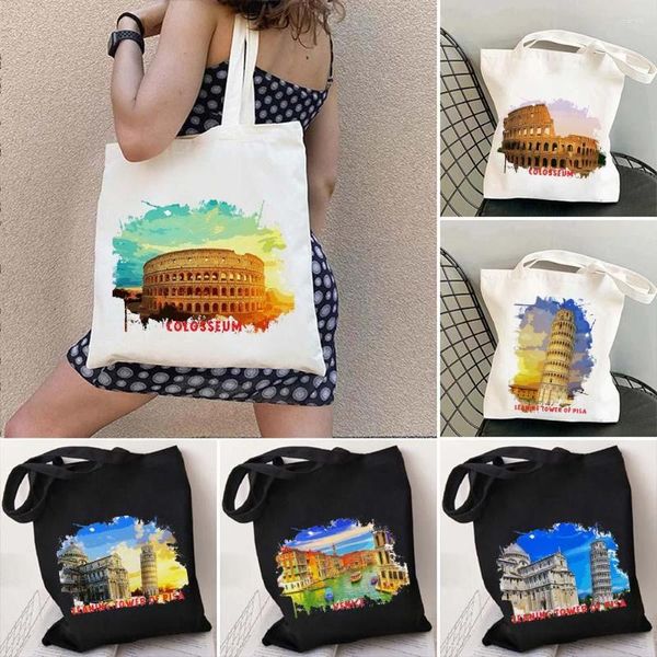 Abendtaschen Pisa Tower Kolosseum Venedig Italien Aquarell Tinte Ölgemälde Schulter Leinwand Baumwolle Einkaufstasche wiederverwendbare Harajuku Shopper