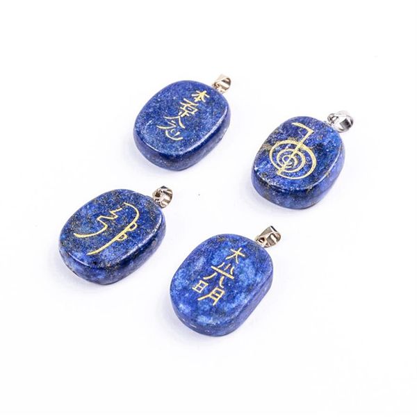 Naturel Lapis Lazuli Énergie Pierre Collier Guérison Maître Prop Chakra Quatre Élément Reiki Symbole Hommes Femmes Pendentif Amulette Pendule 241I