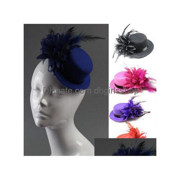 Jóias para cabelo Moda Feminina Mini Chapéu Clipe Feather Rose Top Cap Lace Fascinator Acessório de fantasia A Noiva Cocar Plumed Drop Del Dhanh