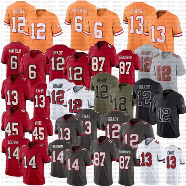 12 Maglia da calcio Tom Brady Rob Gronkowski Baker Mayfield Evans Chris Godwin Devin Maglie cucite bianche