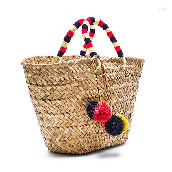 Sacos de noite verão feitos à mão coloridos bola de vime tecido bolsas femininas casuais grande cesta de vime saco de palha de praia bolsa grande balde bolsas