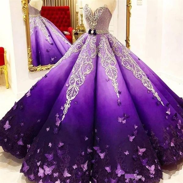 Abiti Quinceanera principessa viola Perline di cristallo Sash Farfalla Appliques in pizzo Abito da fidanzamento Abito da ballo Prom Abiti da festa276v