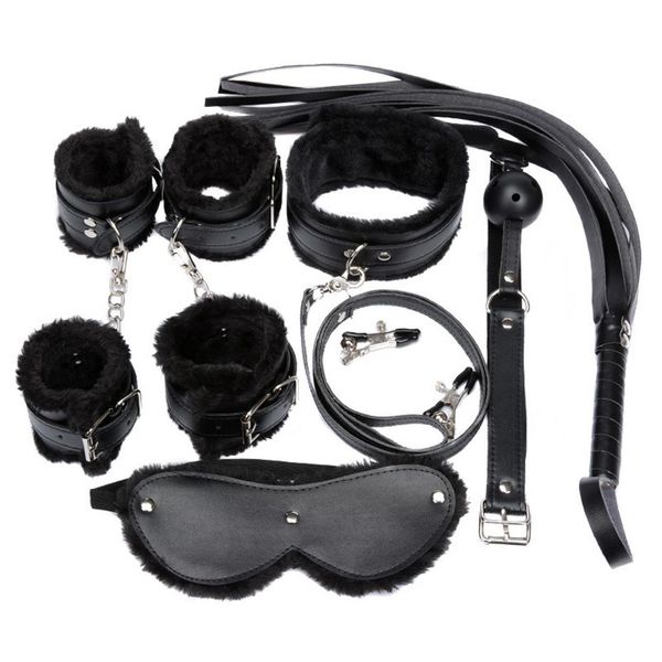 Costume da donna Set 7PCS set Sexy PU Pelle Peluche Fetish Sex Bondage Biancheria intima erotica con manette Morsetti per capezzoli Gag Whip275q