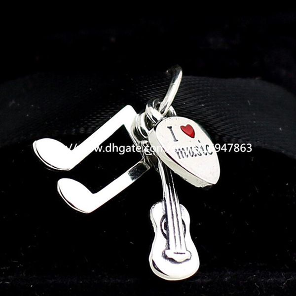 S925 Стерлинговое серебро I Love Music Guitar Dangle Bead Bead с красной эмалью подходит для европейских ювелирных изделий из пиджа