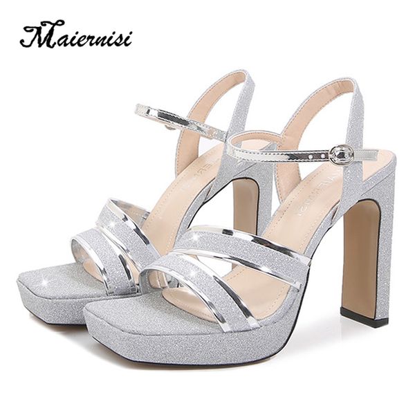 Sandalen Damen High Heel Sandalen Open-Toe Wild Silber Pailletten Dicker Absatz 11CM Sommer Sexy Markenschuhe Plus Größe 35-46 230719