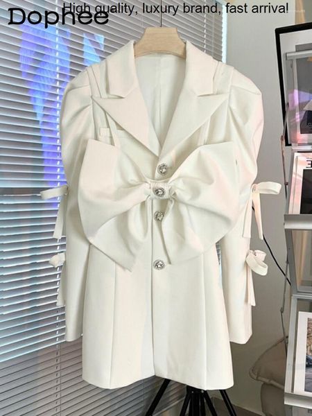 Abiti casual Diamond Heavy White Bow Abito da donna con vita svasata Abito da donna 2023 Abiti primaverili Blazer francese da lavoro con strass dimagrante