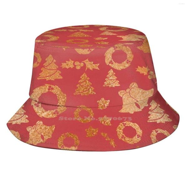 Boinas Cobre Dourado Padrão de Natal Design Impresso Chapéus Balde de Viagem Coroa de Árvore Vermelha Sino