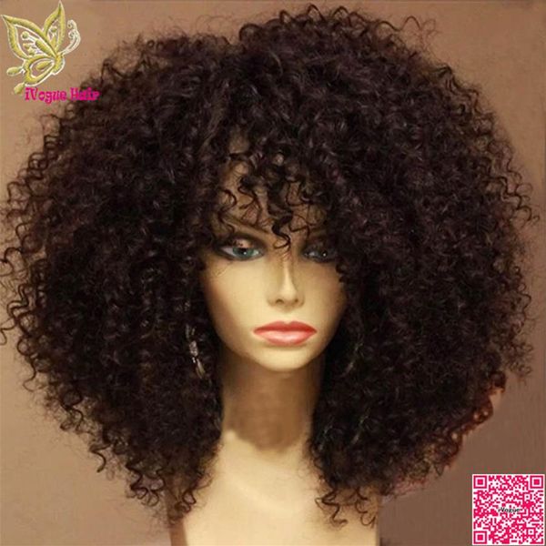 Peruca de cabelo humano afro crespo encaracolado frontal com franja peruca de cabelo humano de renda completa brasileira encaracolado para mulheres negras grau 7A2554