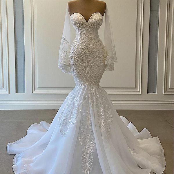Elegante weiße Meerjungfrau Brautkleider Brautkleider Perlen Spitze Applikation Nigerian Arabisch Hochzeitskleid Robe De Mariee297z