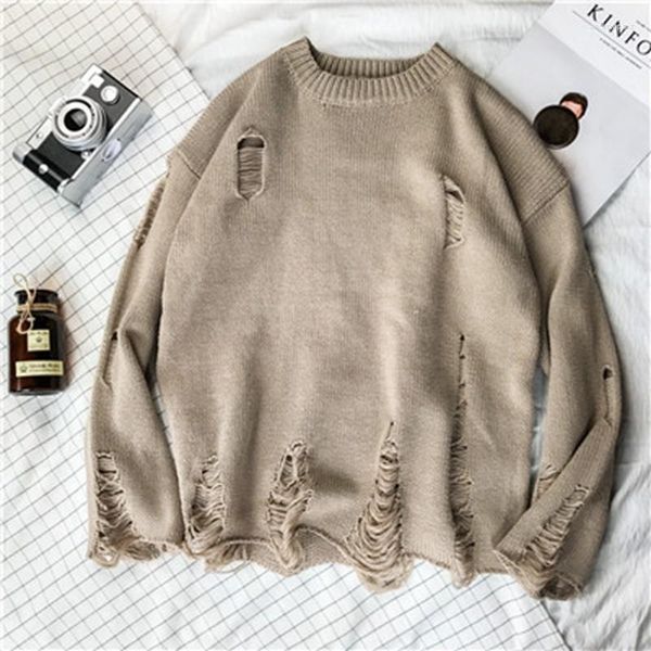 Camisolas Masculinas Homens Outono Inverno Vintage Rasgado Buracos De Malha Camisola Estilo Japão Streetwear Mulheres Roupa descontraída Malhas Suéter