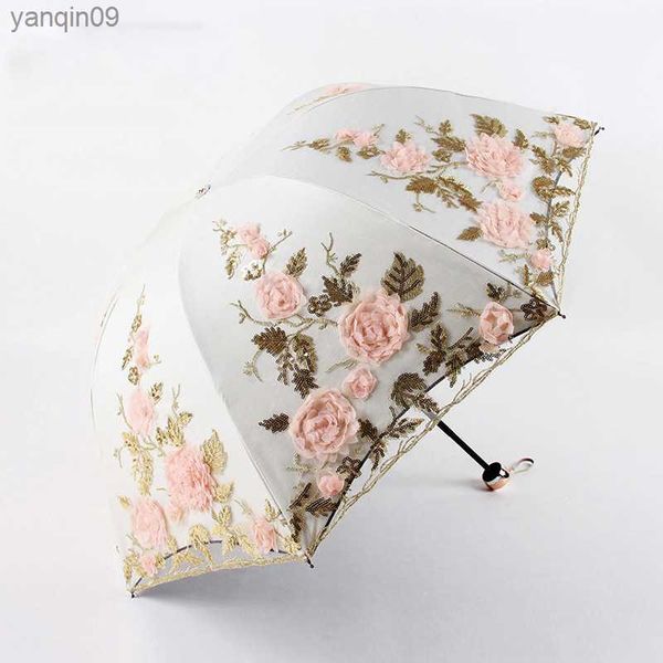 Spitze Blume Regenschirm Regen Frauen Falten Doppel Schicht Schwarz Beschichtung Anti UV Sonnenschirm Weibliche DIY Hochzeit Regenschirme L230626