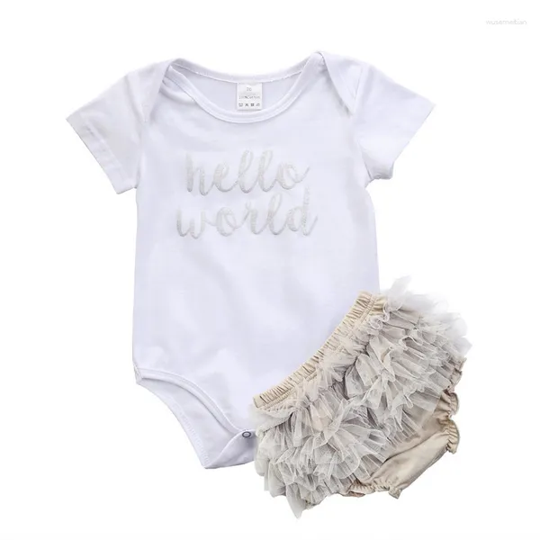 Conjuntos de roupas Hello World Print Born Baby Girl Roupas 0 3 Meses 6 9 12 18 M Summer Romper Girls Set Ropa