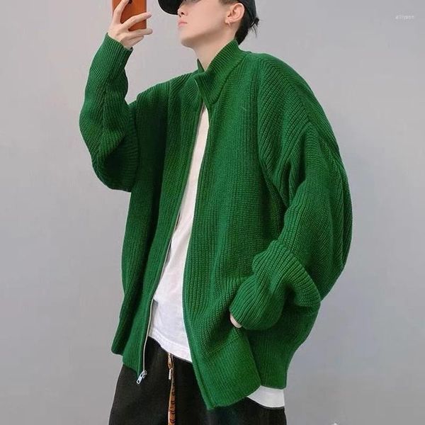 Maglioni da uomo Moda coreana Uomo invernale Maglione lavorato a maglia con cerniera High Street Cardigan oversize con collo alto alla moda verde allentato