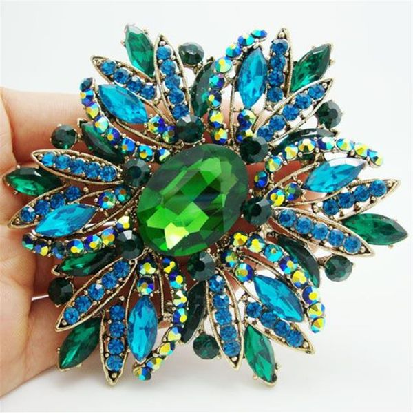 Bütün - 2014 Yeni Moda Zarif Çiçek Altın Kaplama Büyük Broş Pin Yeşil Rhinestone Crystal201v