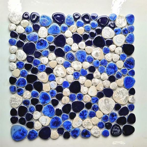 Marineblaue weiße Kieselstein-Porzellanmosaik-Küchenrückwandfliese PPMTS09, Keramik-Badezimmerwandfliesen2074