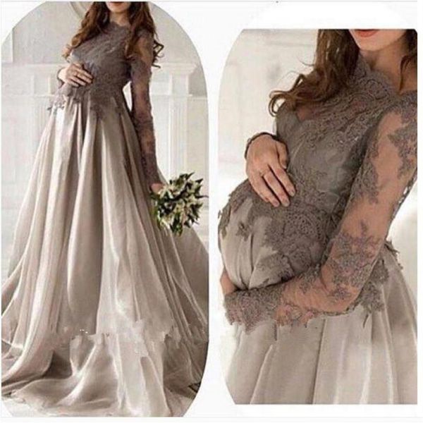 Una manica linea grigio argento pizzo organza lunghezza del pavimento abiti da sera maternità per le donne incinte eleganti abiti arabi Dubai Prom336p