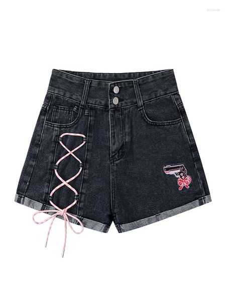 Damen-Jeans, japanischer Chic, Bandage, Schleife, Denim-Shorts, süß, niedlich, Cartoon-Stickerei, Mädchen, Kawaii, Y2k, hohe Taille, gekräuselt, kurze Sommer-Streetwear