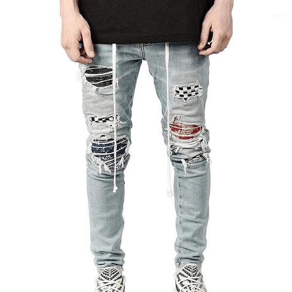 Laamei Men Estrency Raked Skinny Moto Biker Jeans Уничтоженные отверстия.