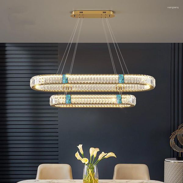 Lâmpadas pingente mesa de jantar moderna led luzes reguláveis por controle remoto k9 cristais brilho oval ouro aço pendurado lâmpada llighting