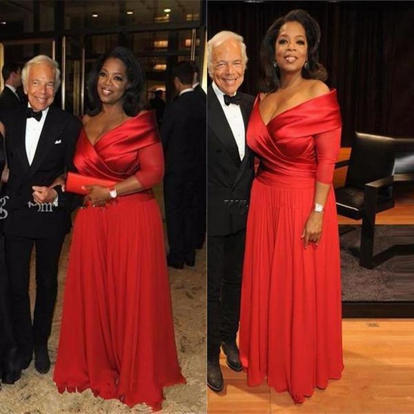 Oprah Winfrey formale con spalle scoperte Abiti per la madre della sposa con mezza manica Taglie forti Chiffon rosso increspato Occasione formale per la madre250j