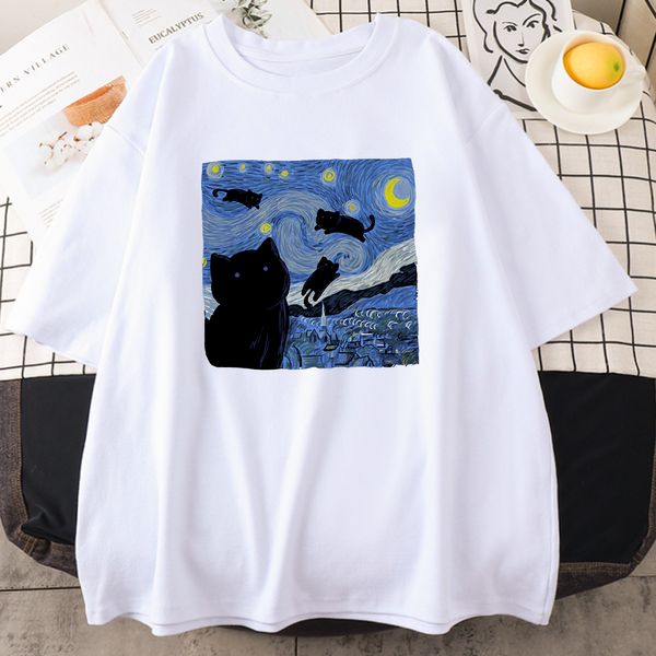 Ölgemälde Schwarze Katze Sternennacht Männliche T-Shirts Atmungsaktive Oansatz Baumwolle T-Shirt Kleidung Kreativität Lustige Tops Herren Kurzarm