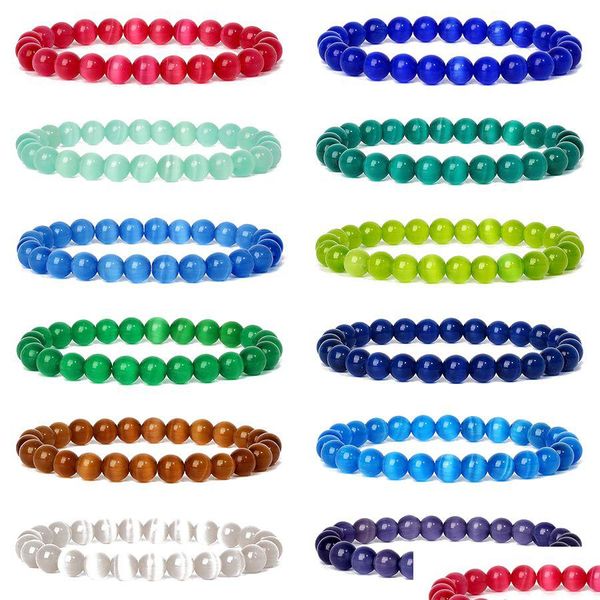 Perlen Natur 8mm Katzenauge Stein Opal Armband Rosa Blau Runde Perlen Elastische Reiki Schmuck Für Frauen Männer Drop Lieferung Bracele Dhgarden Dhihq