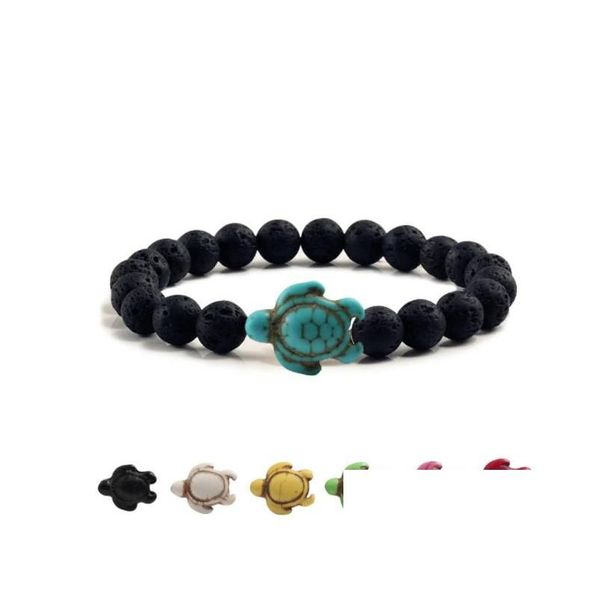 Perlen Sommer Strand Meeresschildkröte Perlen Armband Für Männer Charme Schwarz Lava Naturstein Hade Strang Elastische Armreifen Schmuck Dro Dhgarden Dhyui