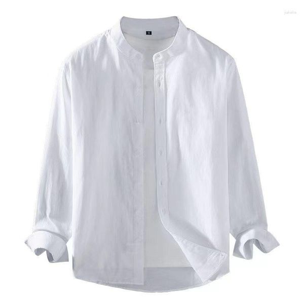 Camicie casual da uomo 2023 Camicia di lino primavera estate Colletto alla coreana bianco puro Manica lunga Henley Morbido Confortevole Semplice Moda sottile