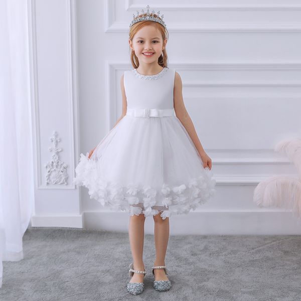 Roupas de Bebê 3 10 Anos Crianças Sem Mangas Casuais Crianças Tule Doce Miçangas Branco Midi Vestido de Verão Vestidos de Meninas