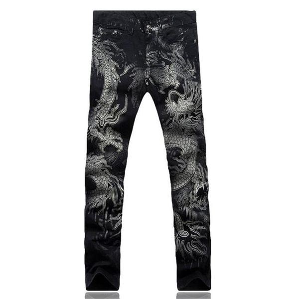 Мужские джинсы мужские брюки Slim Fit Fashion Dragon Print Мужское рисунок расписанный джинсовый эластичный черный груз156f