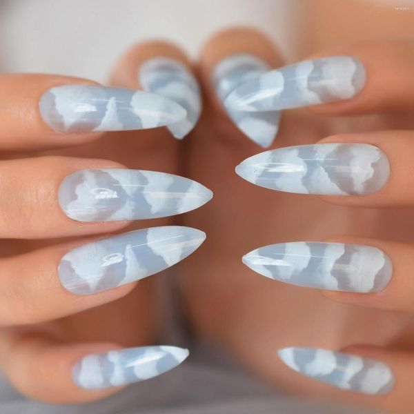 Unhas postiças pontiagudas pontas de unhas postiças com desenhos estilete longo céu nuvens brancas conjunto francês manicure arte
