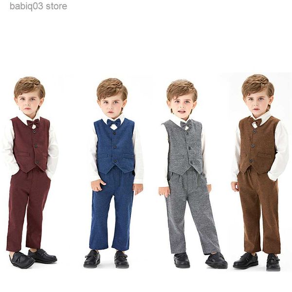 Set di abbigliamento Autunno per bambini camicia di cotone a maniche lunghe gilet papillon pantaloni per ragazzi vestito da performance tre pezzi T230720