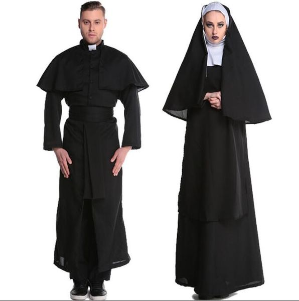 Хэллоуин костюмированная одежда для взрослых христианина монахиня косплей плащ черное платье на мысе вечеринка винтажная одежда фестиваль костюм священник