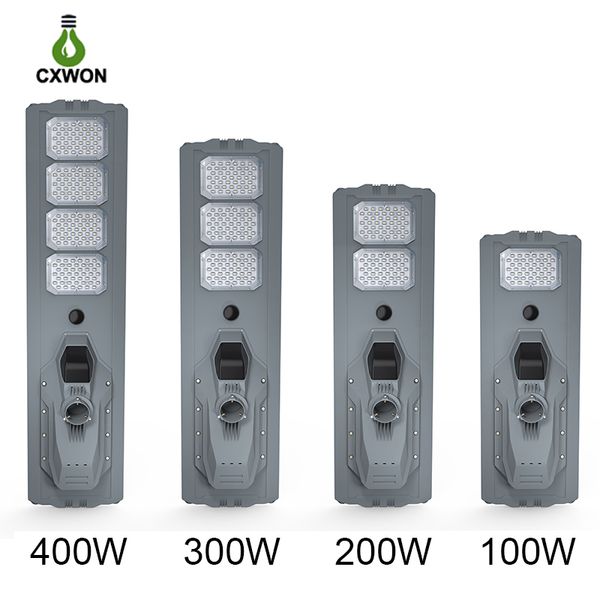 100W 200W 300W 400W Lampione stradale a energia solare LED Parcheggio Luci MPPT Sensore radar di ricarica solare con telecomando 12000LM Impermeabile IP65 Area commerciale Illuminazione di inondazione