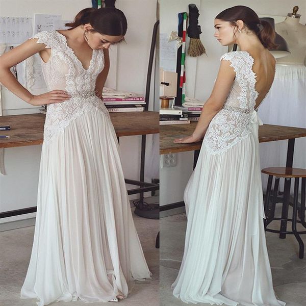 abiti da sposa vintage con perline in pizzo semplice scollo a V con scollo a V senza schienale abiti da sposa abiti da sposa bohémien Abito da sposa321z