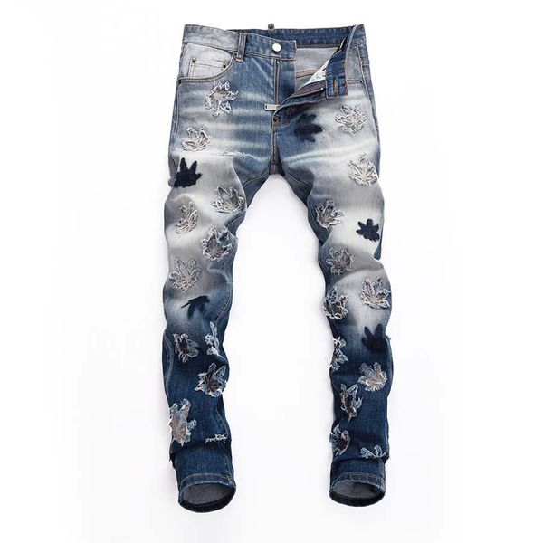 Jeans Hosen Männer Suprior Hip Hop Männer Blatt Patch Stickerei Slim Fit Gerade Hose Herren High Street Casual Hosen 8423