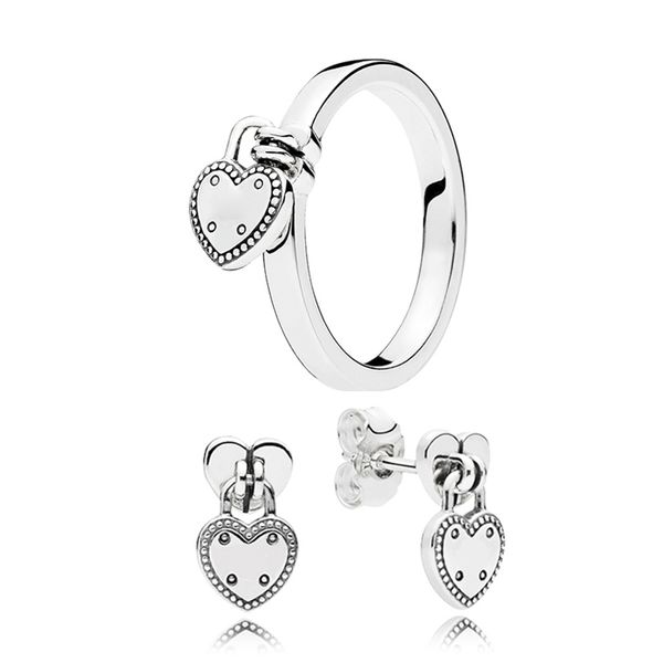 Herzförmiges Vorhängeschloss-Ring- und Ohrstecker-Set für Pandora, 925er Sterlingsilber, Designer-Schmuck für Frauen, Freundin, Geschenk, luxuriöses Set aus Ringen und Ohrringen mit Originalverpackung