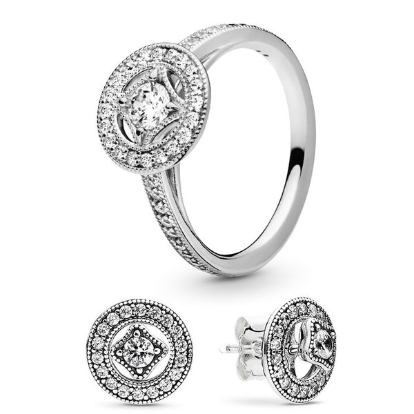 Conjunto de brincos de anel de círculo vintage para Pandora 925 prata esterlina festa de casamento jóias para mulheres meninas anéis de luxo com diamante de cristal brinco com caixa original