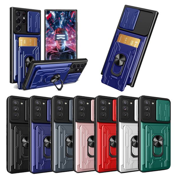 Slot para cartão Pocket Phone Bags Cases para Samsung Galaxy S23 S22 S21 S20 Plus Ultra FE Slide Camera Cover Protection Design Kickstand A04 A73 Phone Case