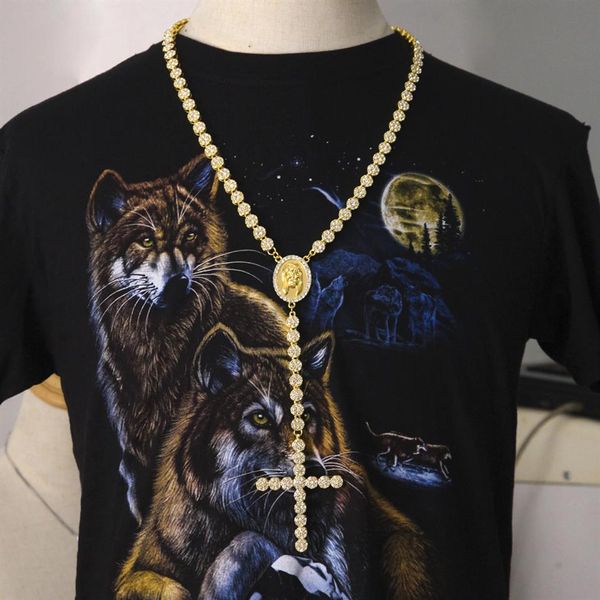 2019 novo banhado a ouro zircônia cúbica masculino Jesus redondo retrato cruz corrente de tênis colar rosário designer luxo hip hop jóias f244m