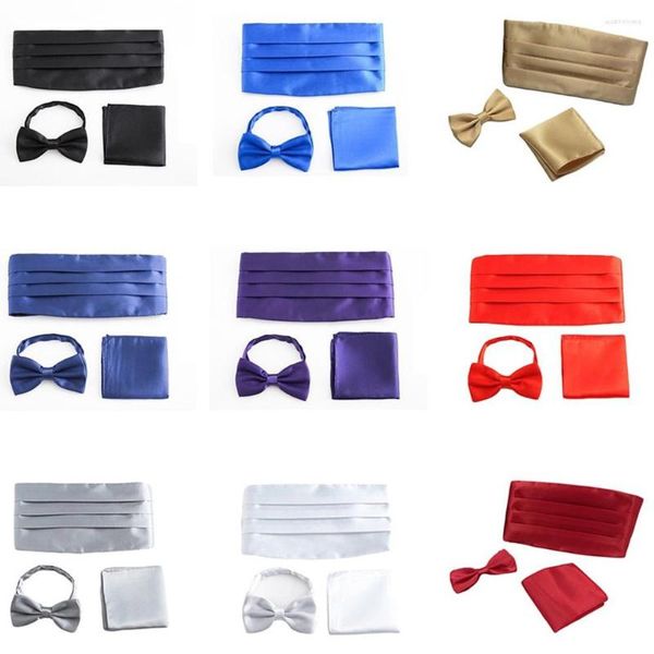 Papilli da arco uomini in raso cravatta a colore solido cummerbund fazzoletto da festa del ballo set bwtqn0335