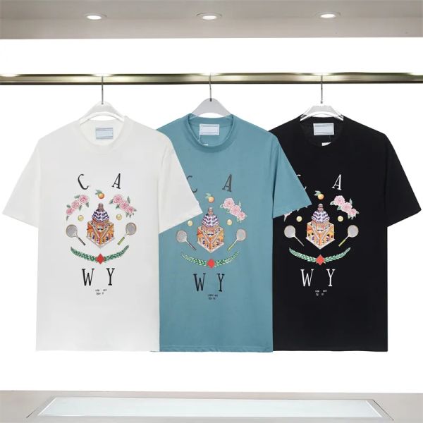 Casa Summer Neues Design T-Shirt mit Schloss-Blumen-Buchstaben-Aufdruck, farbiges Kaninchen mit doppelsträngigem Garn, Baumwolle, weiches Rundhals-Oberteil, Größe S-3XL, Yy