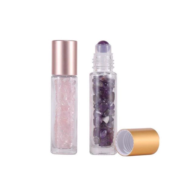 NOVO Matt Rose Gold Cap Gemstone Essential Oil Bottles 10ml Recarregável Roll-On Roll-On Container Para Armazenamento com Cristal Chips Bola Wmqpi