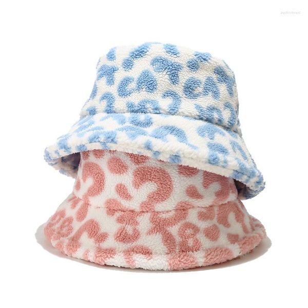 Berretti Cappello da pescatore con stampa leopardata di colore chiaro per le donne Abbigliamento moda Bacino di cashmere di agnello ispessito in autunno e inverno