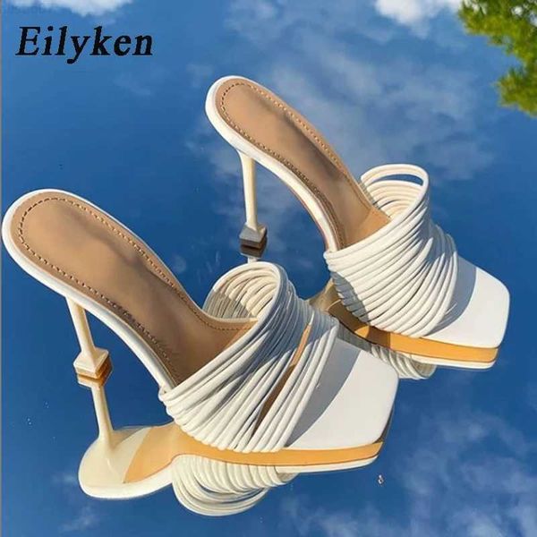 Sandálias Eilyken 2023 Nova Roma Design Banda Estreita Bico Quadrado Chinelo Feminino Sandálias Verão Sexy Salto Alto Senhoras Mules Sapatos L230720