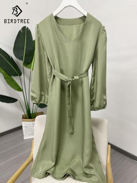 Vestidos casuais Birdtree Mulberry Silk Moda Feminina Vestido 2023 Verão Pesado Crepe Lanterna Manga Decote em V Temperamento D37583QC