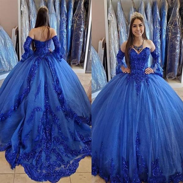 Arabo Royal Blue Princess Abiti Quinceanera 2020 Applique in pizzo Abiti da ballo con perline Sweetheart Lace-up Back Sweet 16 Party Dress264V